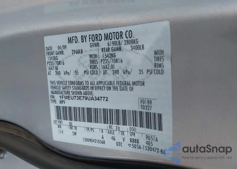 2009 Ford Explorer Xlt z USA, uszkodzony, nr VIN 1FMEU73E79UA34772